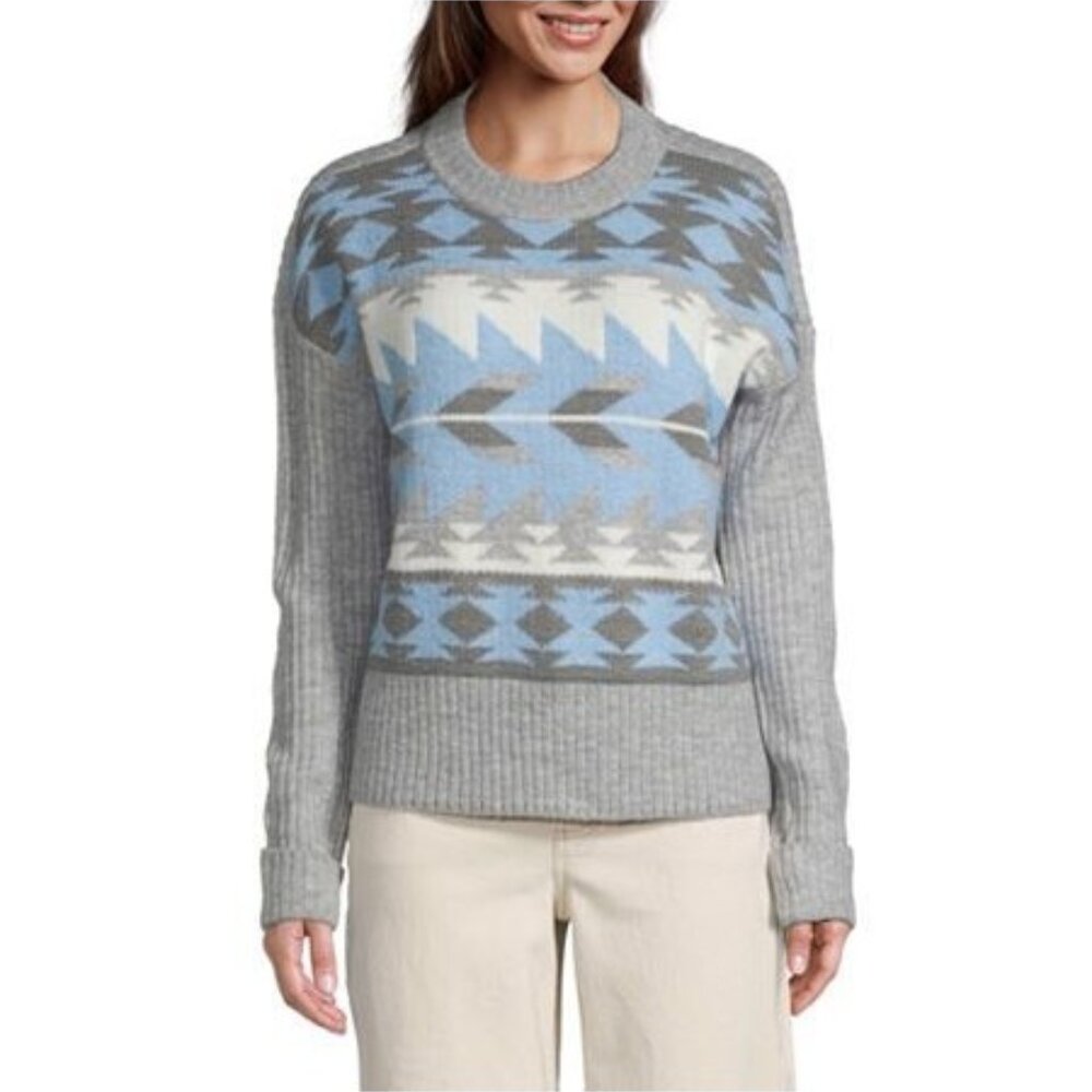 a.n.a. Women’s Nordic Pattern Crew Neck, Mixed Stitch sweater, Blue/Gray Sz. L